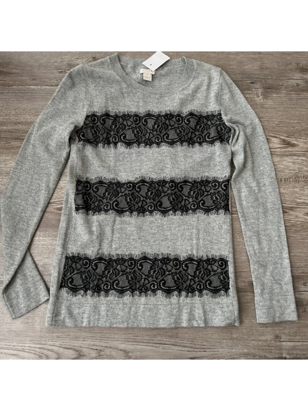 J.Crew Lace Panel Sweater Women's XXS Heather Gray Black Wool‎ Blend NWT